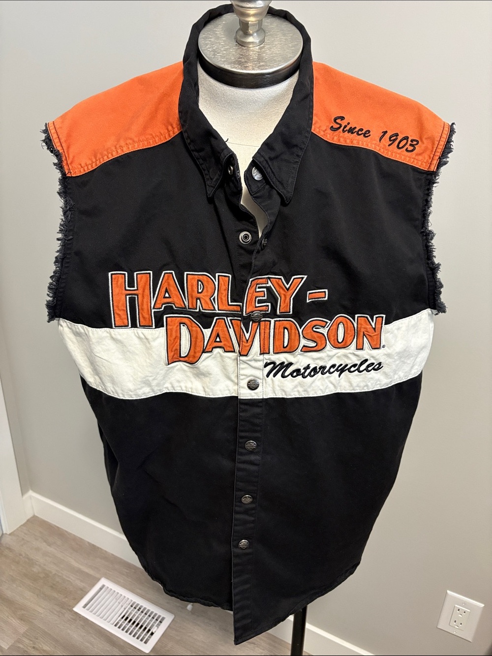Harley-Davidson Black, Orange & White Sleeveless Button-Up Vest